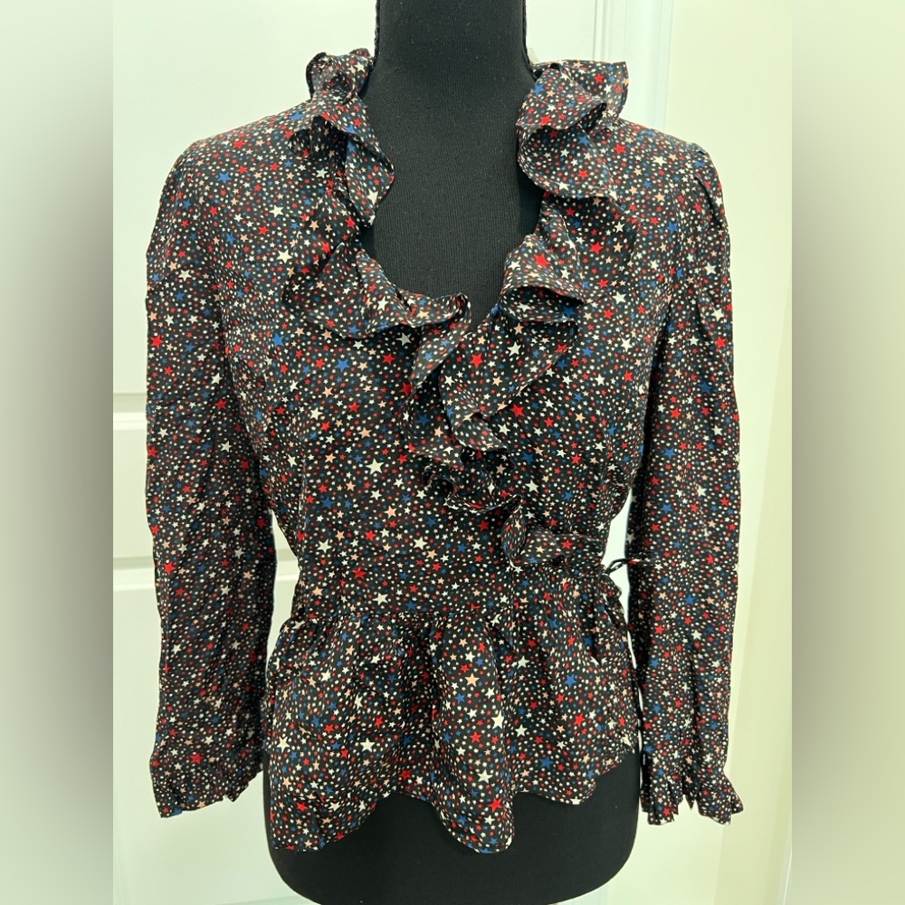 Madewell Silk Ruffle-Hem Wrap Top in Starry Night size XXS NWT